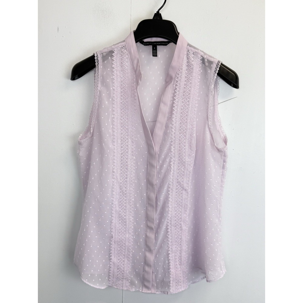 White House Black Market Lavender Sheer Sleeveless Blouse Womens 6 Clip Dot Lace